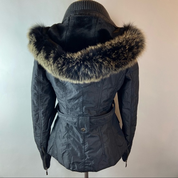 Laundry Shelli Segal Small Genuine Fox Fur Hood Black Zip Up Belted Jacket Coat - Picture 6 of 12